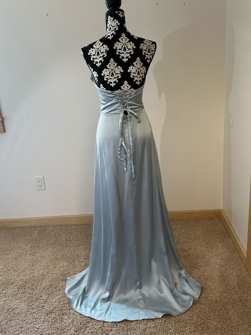 Revelry Strapless Satin Evening Gown in Sky Blue with Front Slit - Picture 2 of 4